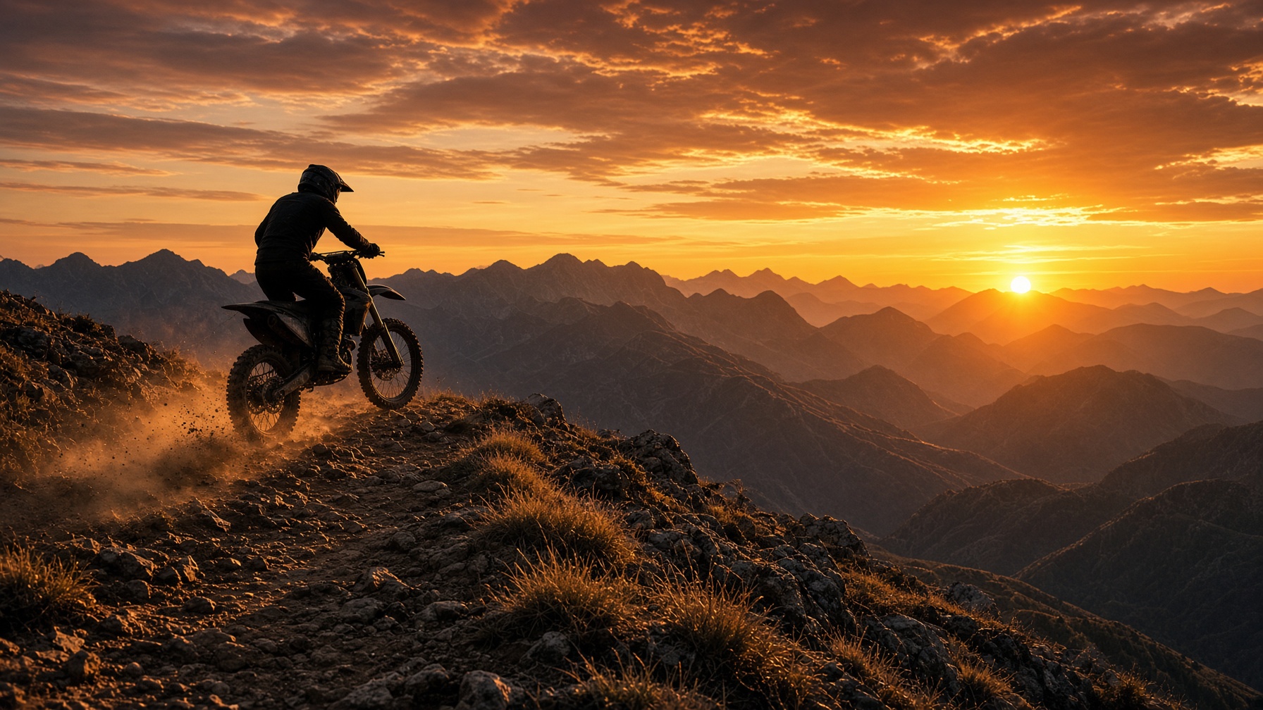 Dirt bike rider on an Appalachian ridgeline at sunset